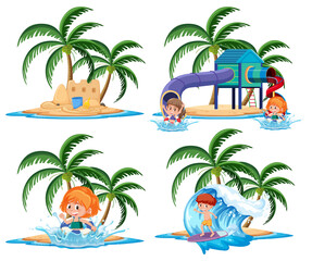 Group of vacation activities on the tropical island cartoon character on white background