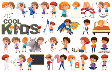 Large set of children doing different activities on white background