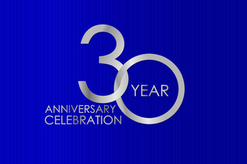 30 Year Anniversary Silver Color on Blue Background, for printed, banner, card, anniversary, greeting card, invitation card - Vector
