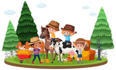 Obraz na płótnie Canvas Farm scene with happy kids and many animals on the farm