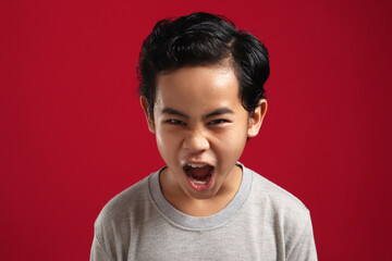 Portrait of angry Asian boy screaming loud, naughty rebel school student concept,