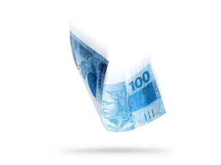 one hundred Brazilian reais banknote falling, with movement and shadow effect. Country risk concept, Brazilian economy in decline.