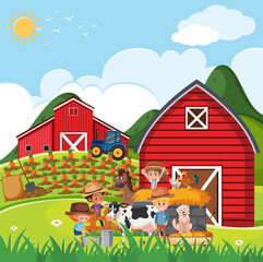 Obraz na płótnie Canvas Farm scene with many kids and animals on the farm