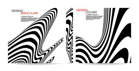 Brochure template wave with black and white striped, futuristic lines. Magazine, poster, book, presentation, advertising. Abstract vector background. Cover design your text