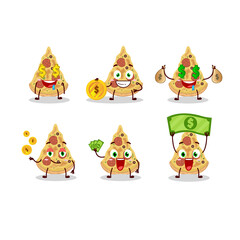 Slice of pizza cartoon character with cute emoticon bring money