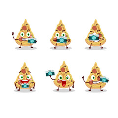 Photographer profession emoticon with slice of pizza cartoon character