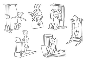Set of  vector cartoon  illustration, work out with exercise machine