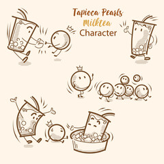 Hand drawn vector characters illustration for milk tea and tapioca pearls. Summer drinks icon drawing by dot and line. Cute character design. Happy summer.