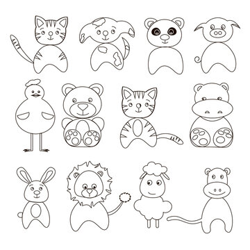 Coloring for kids out line. Different animals. Vector illustration hand draw.