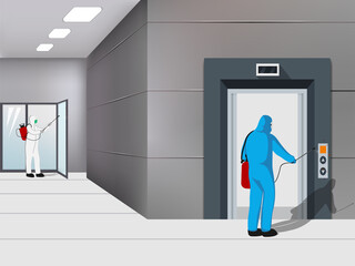 Illustration vector graphic of Disinfectant workers tries to clean lift and door in the office, sterilization coronavirus or COVID-19.