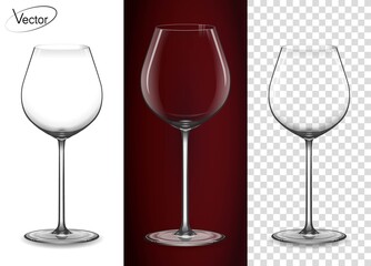 Empty glass on a transparent background and on a red background. A glass for red wine and champagne. Tableware for drinks made of glass. Realistic, highly detailed layout. 3d effect, vector graphics.
