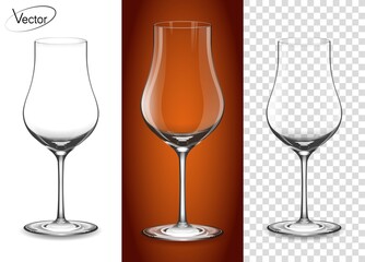Realistic, highly detailed layout. A glass for cognac and Armagnac. Empty glass on a transparent background and on a cognac background. Tableware for drinks made of glass. The effect of 3d, vector.