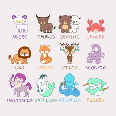 Obraz premium Wektor ładny kawaii zodiaku zwierząt