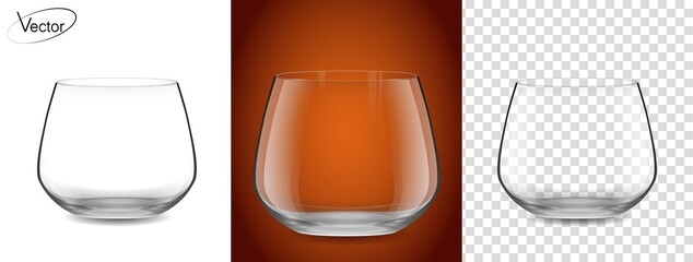 Empty glass on a transparent background and on a cognac background. Realistic, highly detailed layout. A glass for cognac and Armagnac. Tableware for drinks made of glass. The effect of 3d, vector.