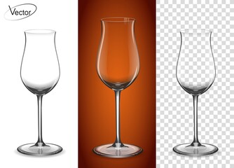 Realistic, highly detailed layout. The effect of 3d, vector. A glass for cognac and Armagnac. Empty glass on a transparent background and on a cognac background. Tableware for drinks made of glass.