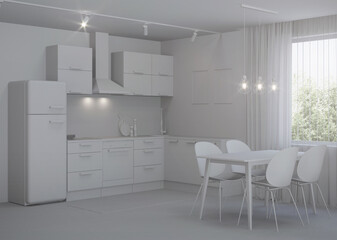 Scandinavian-style corner kitchen. Gray interior. 3D rendering.