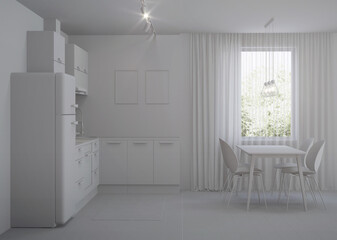 Scandinavian-style corner kitchen. Gray interior. 3D rendering.