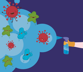Antibacterial spray clean bottle and smoke with covid 19 virus vector design