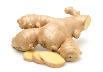 Close up,Fresh ginger root and sliced isolated on white background,For making herbal drinks.
