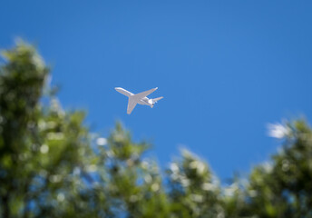 White Jet flying over trees against blue sky  in Sonoma County Ca, USA.