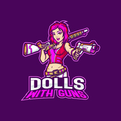 sports mascot logo design editable template gaming e sports girl soldier with guns pink lady warrior doll © Lahiru