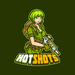 sports mascot logo design editable template gaming e sports girl soldier with gun lady women army © Lahiru