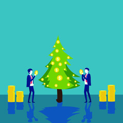 Business holidays vector concept: Businessman adding dollar coins to a christmas tree as ornaments