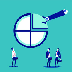 Business RPA Concept: Robotic arm grab a slice of an pie chart watched by other businessmen