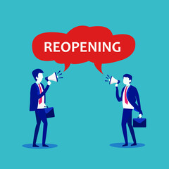 Business new normal vector concept: Business people announcing re-opening of their shops