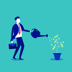 Business investment vector concept: Businessman pouring water to a growing money tree