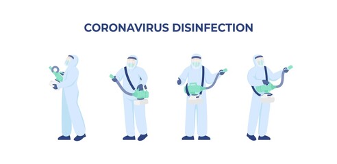 Disinfection Staff in protective suit holding chemical sprayer for sterilization and decontamination of viruses, infectious diseases.
Character design about worker killing coronavirus, COVID-19.