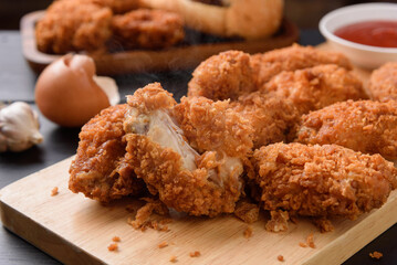 Fried breaded chicken wings on wooden table. Close up 