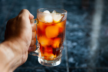 iced americano coffee, ice cubes, glass.