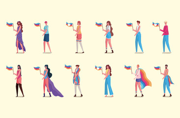 Women and men cartoons with costumes and lgtbi flags vector design