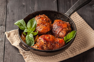 Chicken thighs and basil in a black cast-iron skillet on a wooden table