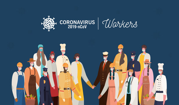 Men and women workers with uniforms and masks vector design