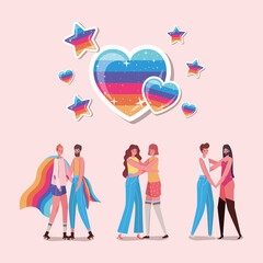 Women and men cartoons with costumes and lgtbi hearts vector design