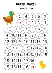 Math maze from one to sixteen. Cute cartoon duck and duckling.
