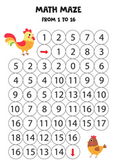 Math maze from one to sixteen. Cute cartoon rooster and hen.