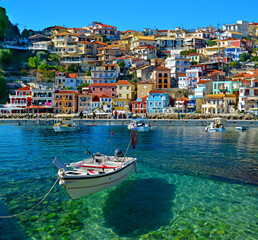 parga tourist resort in greece sea beach summer holidays - obrazy, fototapety, plakaty
