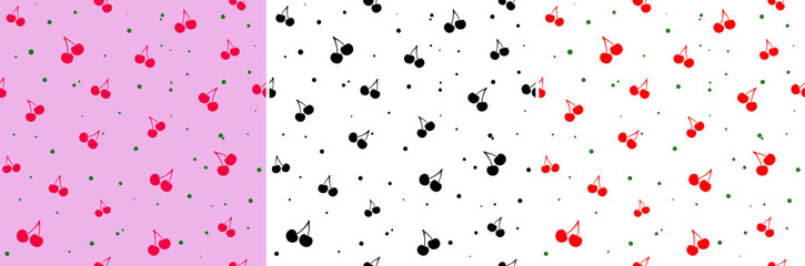 Seamless cherry pattern set. Black and white. Red cherries with green dots on a white background. Red cherries with green dots on a pink background. Vector. EPS 10