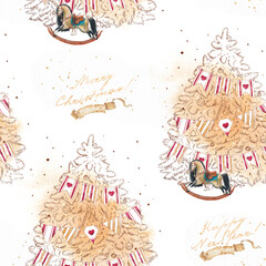 Seamless pattern with a Christmas tree with decorations and gifts, watercolor, rocking horse