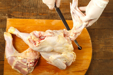 A female hand cuts off chicken pieces with a sharp knife. © finist_4