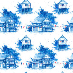 Seamless pattern with watercolor houses in vintage style. Old English, European houses, Tudor, Victorian, Georgian, ancient architecture. - obrazy, fototapety, plakaty