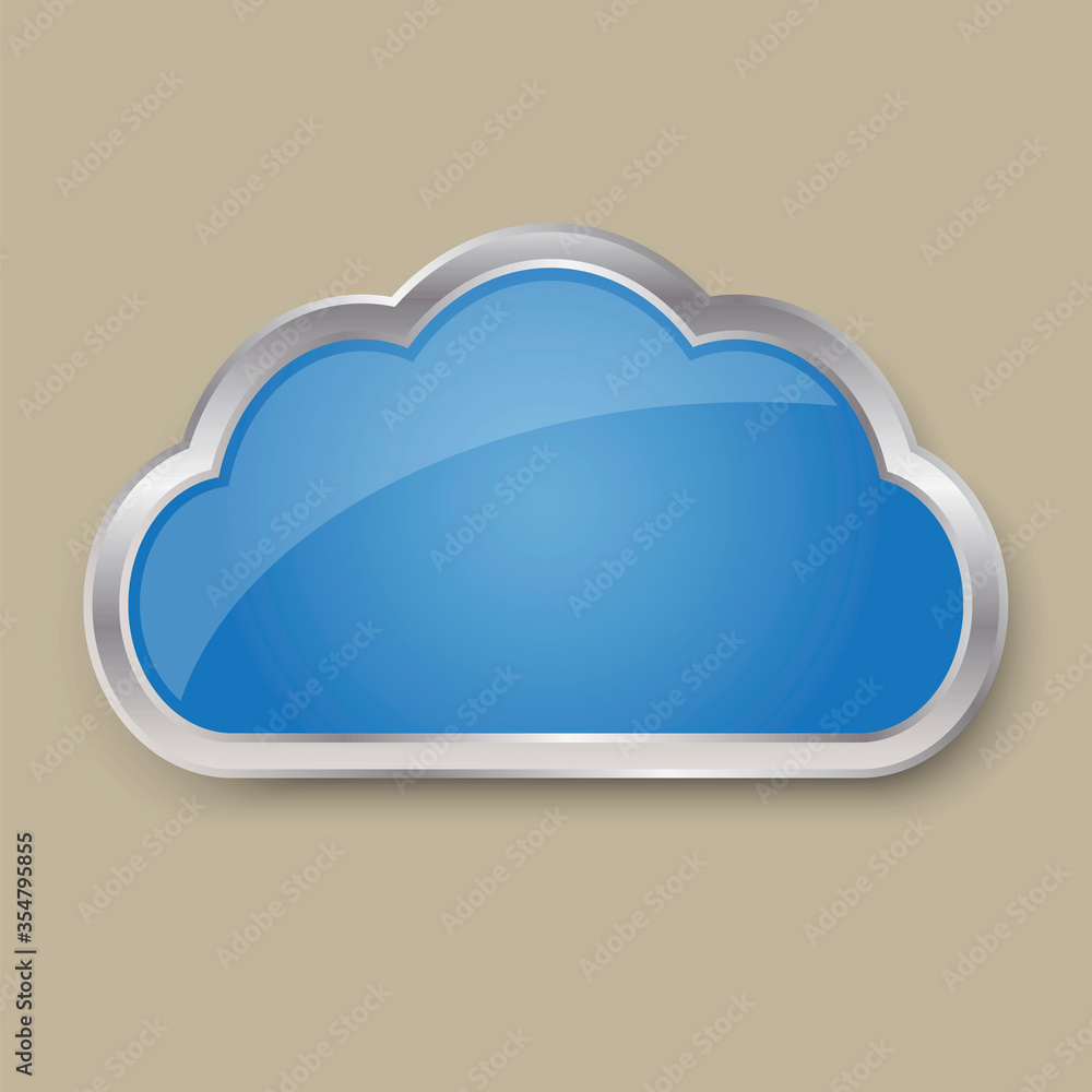 Poster button icon in the form of a blue cloud. 3d blue cloud with a silver frame. vector image.