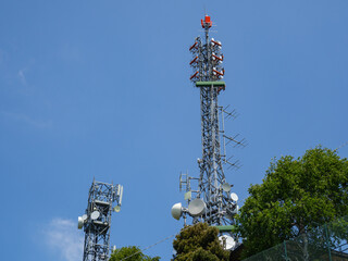Group of towers for telecommunications, television broadcast, cellphone on mountain peak....