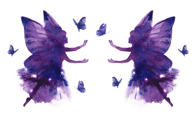 Watercolor silhouettes of dancing fairies on a white background.