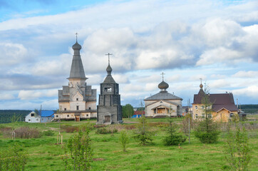 Fototapeta na wymiar Russia, Murmansk region, Tersky district, the village of Varzuga. Ancient wooden churches
