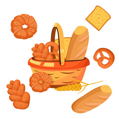 set of flour bread wheat products baking in a basket vector illustration