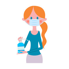 消毒用アルコールを持つマスク姿の女性